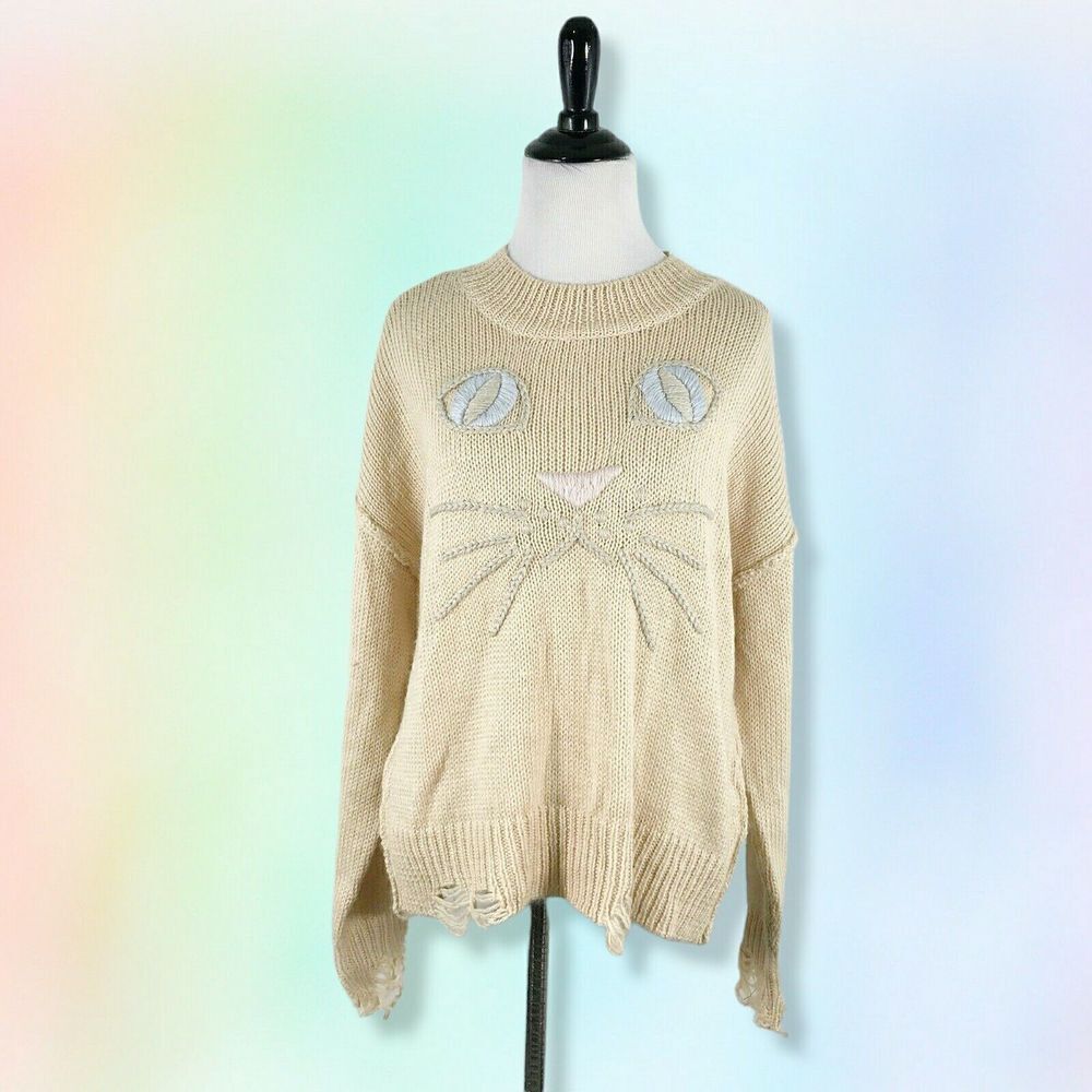 Wildfox XS Beige Whiskers Carine Sweater Embroidered‎ Wool cat kidcore coquette